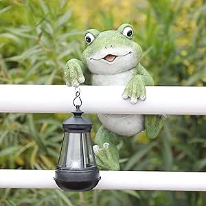Afirst Solar Garden Statues Outdoor Figurine Lights Cute Frog Scuplture Holding Lantern Fence Flowerpot Railing Hanging Decor for Garden Outdoor Decoration, Gifts for Mom
