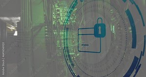 Animation of padlock and card icon in circle over network server systems