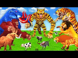 3 Giant Elephant Cow vs 5 Hybrid Tiger Wolf Lion vs Gorilla Fight Buffalo Saved by Woolly Mammoth