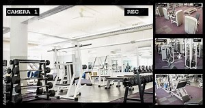 Four security camera views of gym interiors with free weights and fitness equipment, slow motion Stock Video