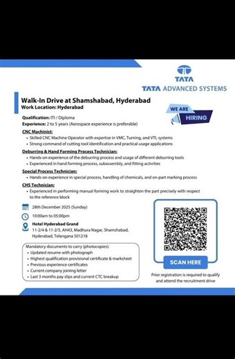 🔥🔥 Walk-in Drive | Dec 28th,2025 | 💥TATA ADVANCED SYSTEMS @ Shamshabad Hyderabad
