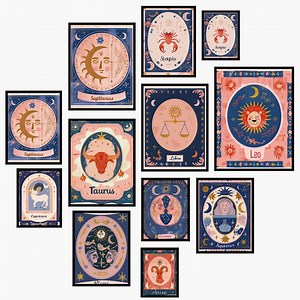 Zodiac Wall Art Set Printable | All 12 Zodiac Signs | Astrology Poster Bundle | Celestial Folk Art | A3 Digital Download - Etsy