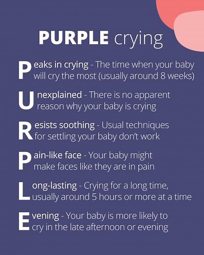 Have you heard of PURPLE crying? Previously known as colic crying, PURPLE crying describes the crying behaviour that some newborns show in their first few months of life 💜 This period of excessive crying can begin within the first few weeks of life and peaks at around 6 to 8 weeks. It often stops by the time the baby is 4 months old, and by 6 months at the latest. Once you have fed, changed and burped your baby, it’s important to stay calm while giving your baby the emotional support they need.
