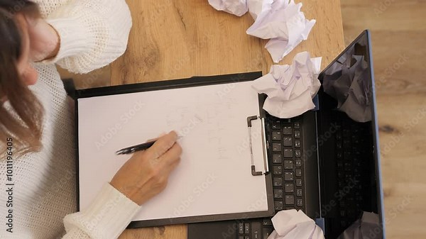 Woman crumples paper while working at her desk, frustration evident in her movements. The paper highlights the stress of deadlines and work pressure. Suitable for office, stress, and paperwork themes