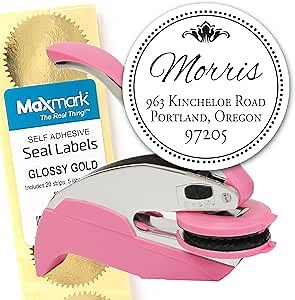 Custom Monogram Address Embosser - Personalized Round Seal with 50 Gold Seal Labels - Style EM031