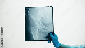 Pelvic hip x-ray close-up. Magnetic Resonance Image of human leg. Doctor examining xray of foot bones. Healthcare and medicine concept.