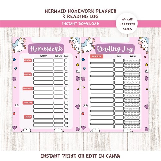 Unicorn Homework Planner & Reading Log Printable | Kids Study Tracker Canva Template - Etsy