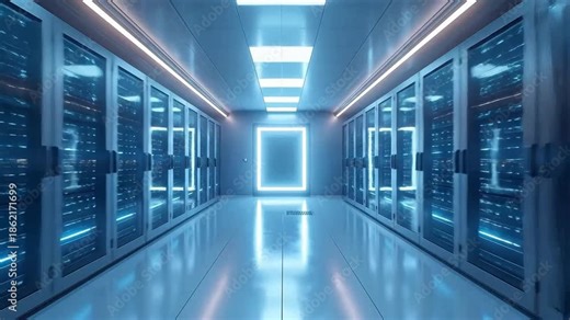 Server room with rows of computer servers in a data center facility.