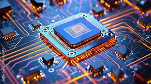 A close-up of a microchip on a circuit board, highlighting technology and innovation.
