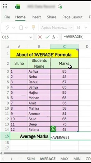 Formula of Average | Average formula in excel #excel #shorts #afiscomputer