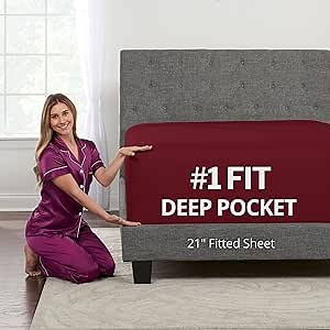 Queen Fitted Sheet Only Deep–Pocket – Extra Deep Pocket Queen Fitted Sheet – 21” Fitted Sheets Perfectly Fit 17”–23” Deep Mattress & Toppers – Lovely Joyful Feel – 1 Bottom Sheet Queen Size – Burgundy