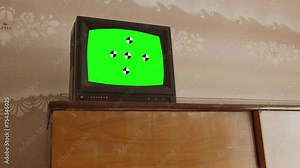 Old television green screen or retro TV. Black and white tone. 4K Resolution. Vintage television with chroma green screen background
