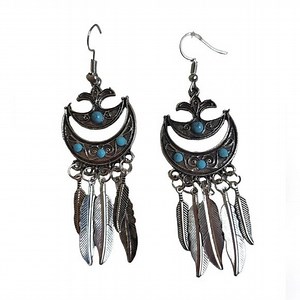 Native American earrings crescent style faux turquoise silver colored feathers