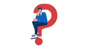 Seeking answer on difficult question 2D animation. Business support needing 4K video motion graphic. Hindu man sitting on question mark animated character cartoon flat concept, white background