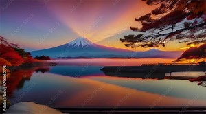 Sunset over a majestic mountain landscape with clouds reflecting on a tranquil lake, highlighting the beauty of nature in Japan's iconic Mount Fuji