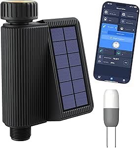 Solar WiFi Sprinkler Timer Water Timer,Smart Hose Watering Timer,APP Remote Control Hose Timer with Soil Sensor,Built-in Flow Meter,Automatic Irrigation Controller System for Garden