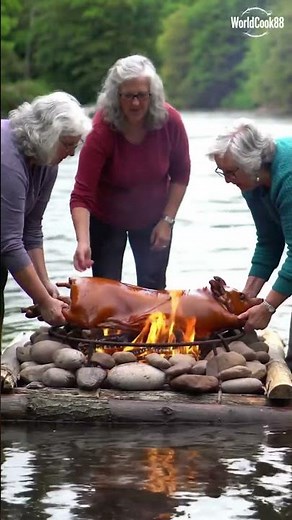 COOKING SKILL: “Five Grandmas Build a Floating Fire Pit to Roast a Huge Hog” #grandmacooks