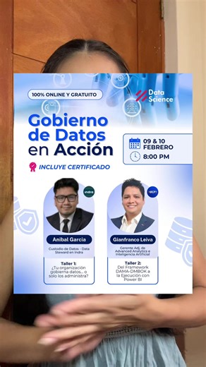 ¿Te interesa el mundo de los datos y no sabes cómo se usan correctamente en las empresas? Data Science lanzó un evento GRATUITO de Gobierno de Datos, donde vas a aprender de forma sencilla cómo las empresas definen reglas, cuidan la calidad y protegen sus datos para tomar mejores decisiones 📊 👉 Ideal si estás empezando en data o si ya usas Excel, SQL o Power BI y quieres entender cómo funciona todo a nivel empresarial. 📅 09 y 10 de febrero 🕗 8:00 p.m. 💻 100% online 🎓 Incluye certificado 📲