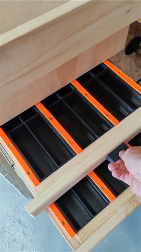 Woodwork Junkie on Instagram: "Side mounted small parts drawers. Nuts and bolts organization. Beyond the basics small work table. #workshoporganization #nutsandbolts #hobbyshop #toolstorage"