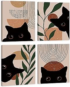HOURIA Boho Cat Wall Decor,12"X16" Mid Century Modern Minimalist Painting,Black Cat Canvas Wall Art,Set of 4 Kitty Bohemian Prints for Living Room,Bedroom,Bathroom,Cat Gifts for Women,Men