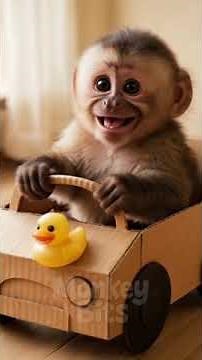 Tiny monkey drives a cardboard car 🚗💨