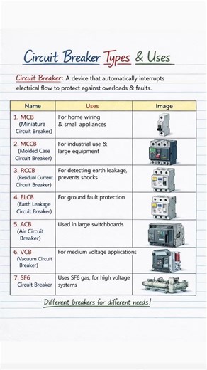 Types of Circuit Breakers Explained | MCB, MCCB, RCCB, ACB ,VCB,SF6| Electrical Interview question