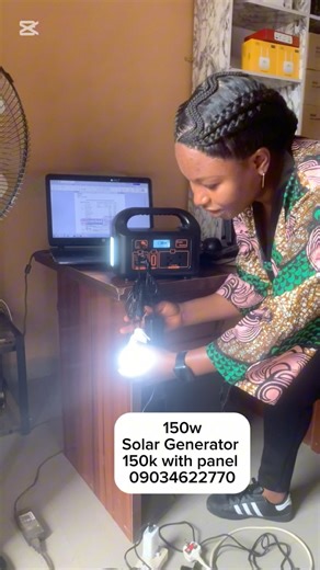150w Solar Generator, testing the product for a happy customer. Price : 150,000 naira Nationwide Delivery Location: Alaba International market, Lagos. Or Shop B5 God’s Own Plaza, behind young Shall Grow, Sharp corner,Maraba. Or Suite 65 Nandu Plaza, Wuse zone 5, Abuja. Contact: 09034622770 It can power television, digital devices, laptops, fan, lights, etc. We have all types of solar products and solar generators. We’re tested and trusted We give 1 year warranty | Obiageli Lilian Aniagboso