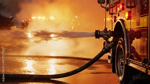 Firefighters battling a large fire at night with a fire truck and hose spraying water on the flames in an urban environment