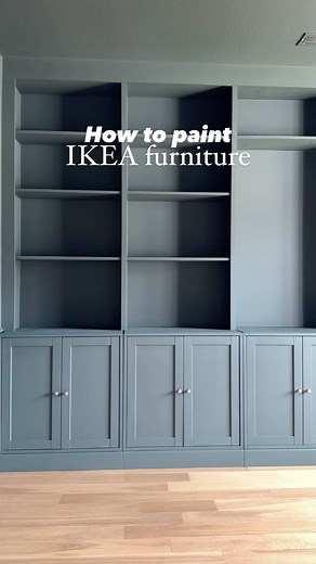 Tori | Love Letters Home on Instagram: "How to paint IKEA furniture so it lasts! We used IKEA Billy bookcases (particle board) and IKEA Havsta cabinets (solid wood) for our built-ins. Go to my highlights if you want more details! How it’s done: -Lightly sand the furniture and wipe clean. I used a 240 grit sanding block and wiped dust with a microfiber cloth. -Prepare the surface for paint by applying a durable, water-based paint primer and allow it to dry for at least 48 hours. -Use a cabinetry 