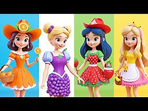 Disney Princess Paper Doll Dress Up | Fruit Fashion Transformation: Orange, Grape, Strawberry,Banana