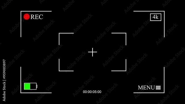Camera recording screen overlay with alpha channel. Dslr camera frame viewfinder, screen of video recorder digital display with multiple settings and timer. 4K camcorder interface for video cameras.
