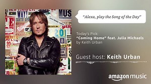 🚨 Takeover Alert 🚨 Keith Urban is your #SOTD guest host all week! #JustAsk, “Alexa, play the Song of the Day” to hear Keith’s picks featuring music from Jason Aldean, Taylor Swift & many more. He gets things started with a new one from 'Graffiti U.' Here's "Coming Home" feat. Julia Michaels https://amzn.to/2rlUqfO | Amazon Music