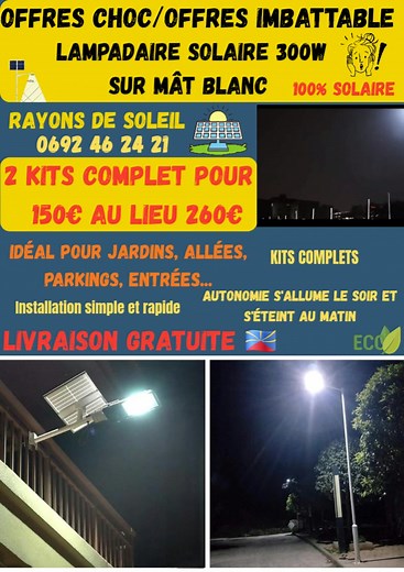 11 shares |  OFFRE SPÉCIALE – LAMPADAIRE SOLAIRE 300W SUR MÂT BLANC...