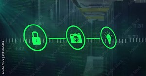 Security, camera, and idea icons connected in green over data center animation