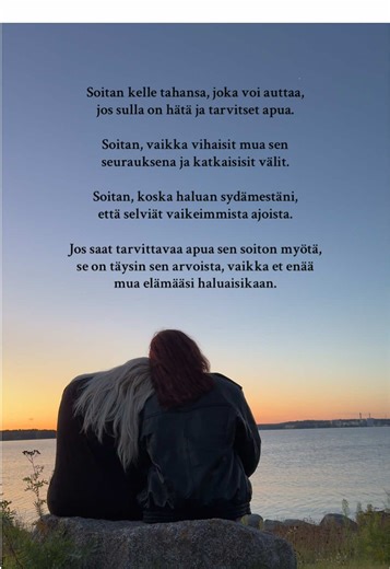 Muakin on autettu, vaikken niissä hetkissä oo sitä apua todellakaan aina halunnut. Nyt jälkeenpäin oon vaan kiitollinen siitä, vaikka sillon se tuntui ihan hirveeltä ja suututti. Ihmiset haluaa auttaa, koska ne välittää. Se pahin vaihe ei kestä ikuisesti, mutta niihin vaiheisiin tarvii ja saa pyytää apua❤️‍🩹#mielenterveys #mielenterveysongelmat #suicideprevention #sinulle #fyp