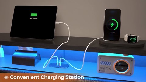 Queen Size Floating Bed Frame with Led Lights&Charging Stations, Faux Leather Upholstered Platform Bed with Storage Headboard, No Box Spring Needed, Black