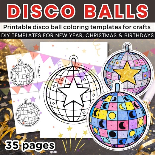 Disco Ball Coloring Templates for Crafts, Bulletin Boards | DIY Party Ornaments for New Year, Christmas & Birthdays - Etsy