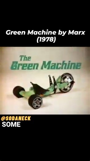 Sodaneck on Instagram: "In 1978, Marx Toys introduced the Green Machine, a groundbreaking ride-on trike that took suburban neighborhoods by storm. Designed for kids who wanted speed, control, and flair, this low-riding vehicle featured dual joystick controls and swivel rear wheels, making it perfect for dramatic 180° spins and sharp turns. The commercials showcased kids spinning and skidding with total control—no hands on handlebars, just pure joystick action. With its bold green-and-black desig