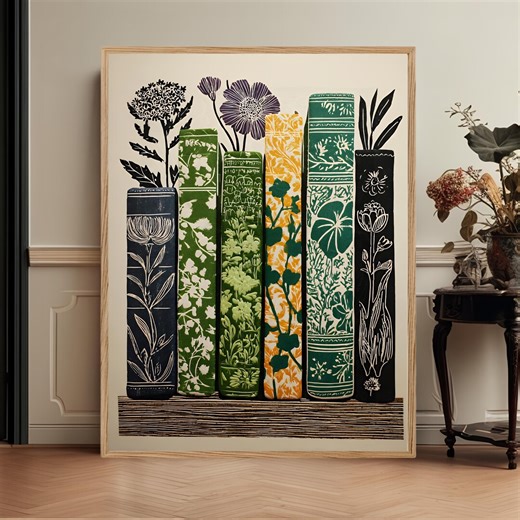 Botanical Book Stack Wall Art, Folk Floral Library Print, Vintage Nature Decor - Etsy