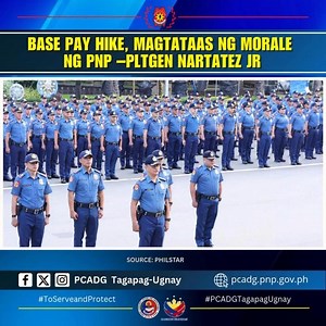 Base pay hike, magtataas ng morale ng PNP –PltGen Nartatez Jr MANILA, Philippines — Pagkilala at pagpapataas sa morale ng pulis ang base pay hike para sa military and uniformed personnels (MUPs). Ito naman ang sinabi ni Philippine National Police (PNP) Acting Chief PLtGen. Jose Melencio Nartatez, Jr. kasabay ng pasasalamat sa pangulong Marcos sa pagbibigay ng karagdagang sahod sa mga pulis. Source: https://www.philstar.com/pilipino-star-ngayon/metro/2025/12/08/2492696/base-pay-hike-magtataas-ng-
