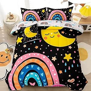 Btargot 5 Piece Black Rainbow Comforter Set for Girls Boys Kids, Cartoon Cute Moon Stars Bedding Set, Bed in a Bag with Comforter, Sheets and Pillowcases,Twin