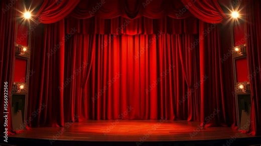 Classic Red Theater Stage with Closed Curtains and Spotlights – Perfect for Performing Arts and Drama Concepts