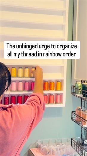Missy Luukkonen on Instagram: "Mike built me a shelf to organize all of my embroidery thread and you know I have to sort it in rainbow order! Comment. Below with the emoji that matches how you would organize: 🌈 Always rainbow 🧵 Whatever fits 🤷‍♀️Drawer of chaos #sewingroom #threadorganization #quiltinglife #craftroomorganization #makersgonnamake"