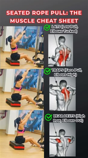 🛑 STOP pulling blindly! Save this cheat sheet for your next Back Day. 👇 You think you’re doing the same exercise, but a tiny change in your elbow position completely shifts the target muscle. Here is the breakdown of the Seated Rope Pull: ✅ LATS: Keep elbows tucked and pull low towards your waist. ✅ TRAPS: Pull high towards your face with elbows flared up. ✅ REAR DELTS: Flare elbows out to the side and pull in a high row. Don’t waste your reps. Train with intention! 💪 Share this with your gym