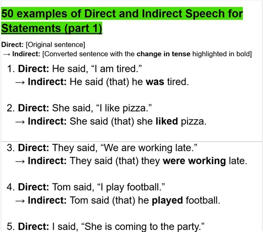50 examples of Direct and Indirect Speech for Statements (part 1) | Empowering English Learning