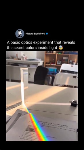 History Explained on Instagram: "Follow @HISTORY__EXPLAINED for more interesting content! ✅ This simple experiment demonstrates that white light is not a single color, but a combination of many. When a beam enters a glass prism, it undergoes refraction and bends. Because each wavelength bends differently — red the least and violet the most — the light spreads into a visible spectrum as it exits the glass. This separation is known as dispersion. In the 17th century, Isaac Newton showed that prism