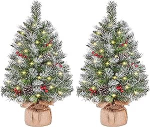 Yaheetech Set of 2 Pre-Lit Artificial Mini Christmas Tree, 2ft Frosted Tabletop Small Christmas Tree with LED Lights, Red Berries & Natural Pinecones for Holiday Decoration