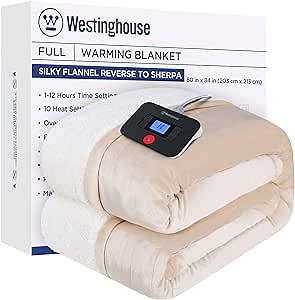Westinghouse Electric Blanket Full, Heated Blanket Full Size with 10 Heating Levels and 1 to 12 Hours Heating Time Settings, Flannel to Sherpa Reversible, Machine Washable (80" x 84", Beige)