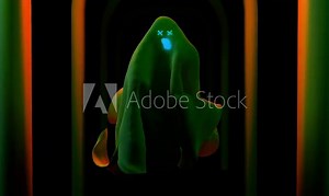 ghost on black background and gloomy arches at halloween. Spooky ghost. Halloween day October. Animated halloween character. Greeting card. Trick or treat. Jack o lantern. 3d render realistic CGI