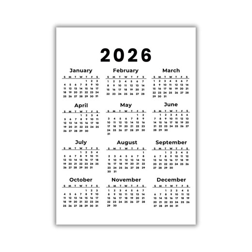 Afdrukbare kalender 2026, één pagina hele jaar muurkalender maandag en zondag start direct download - Etsy België